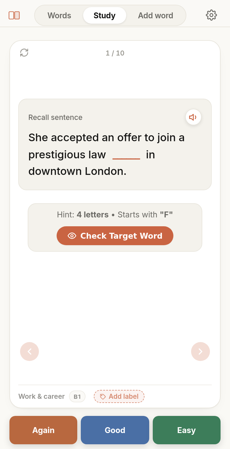 The Study tab: a sentence with the target word blanked out, a hint, and Again, Good and Easy buttons